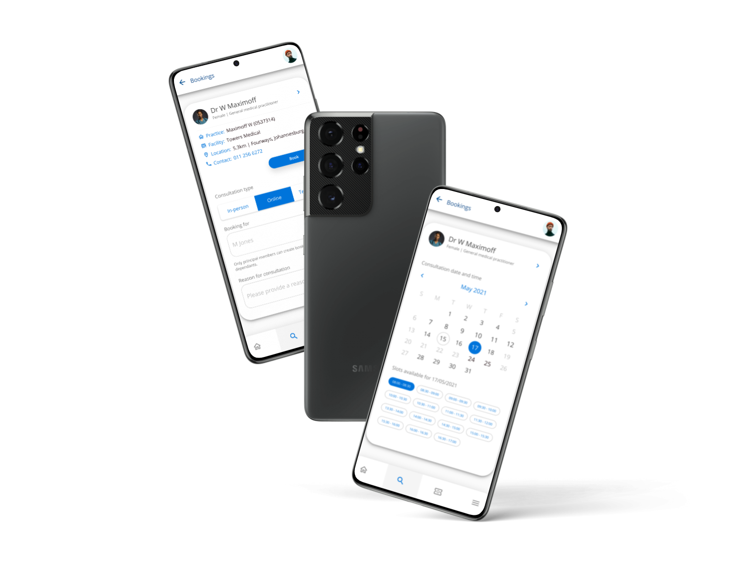 Booking and VC UI of connected care app.
