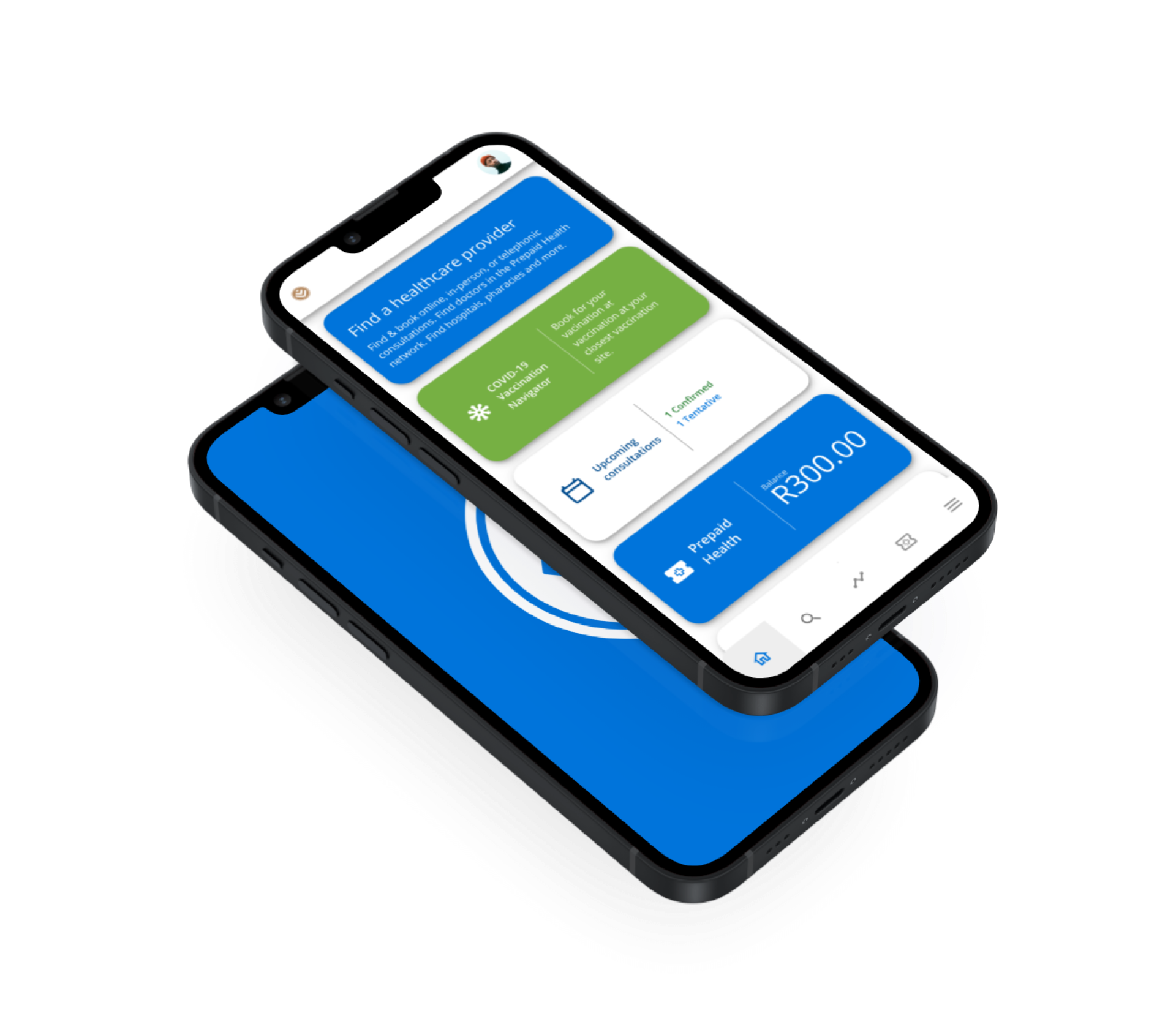 Two floating iphones showing the Connected Care App Splash and Login screens.