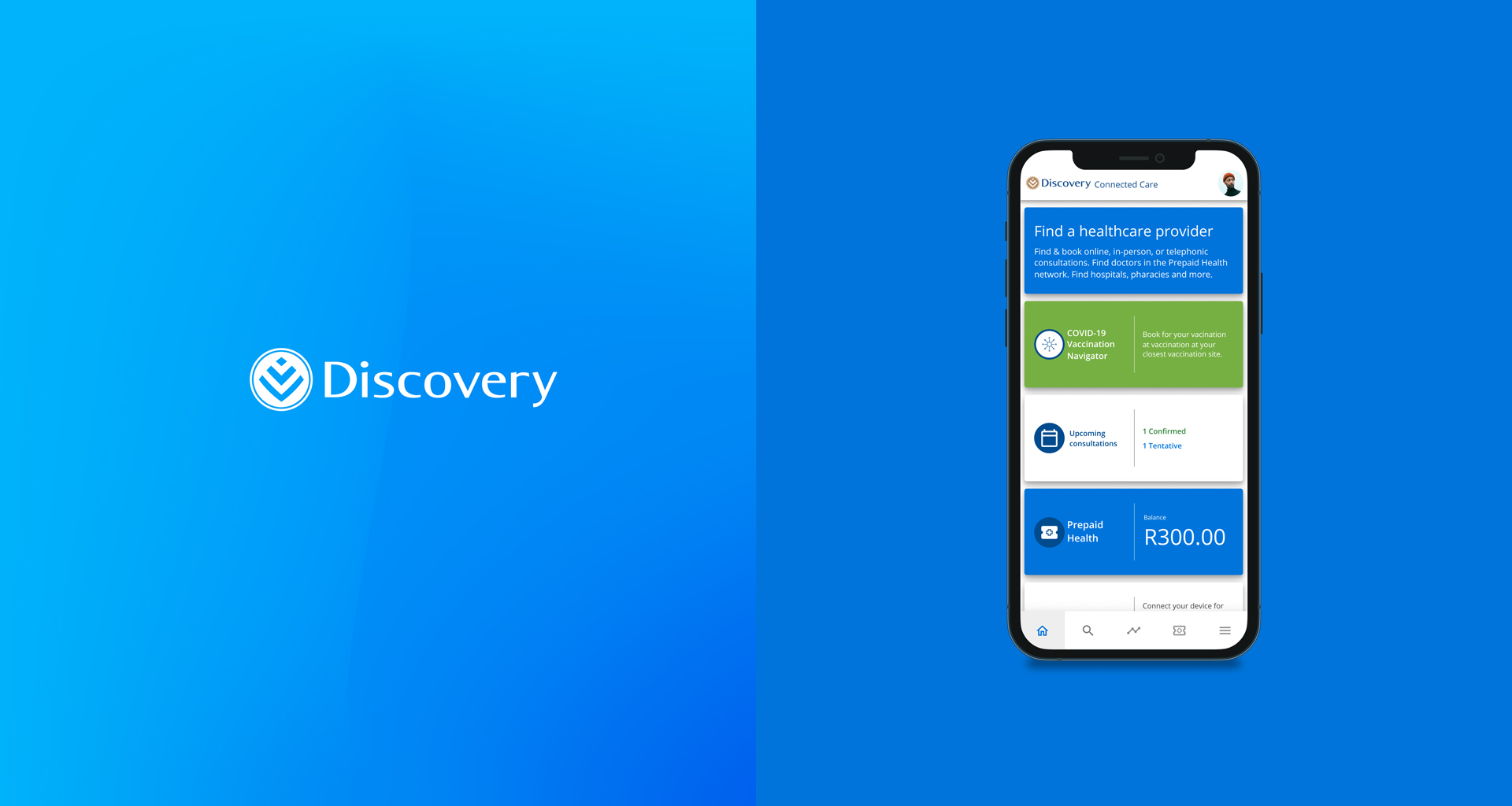 Discovery logo beside Iphone with Connected Care dashboard displayed.