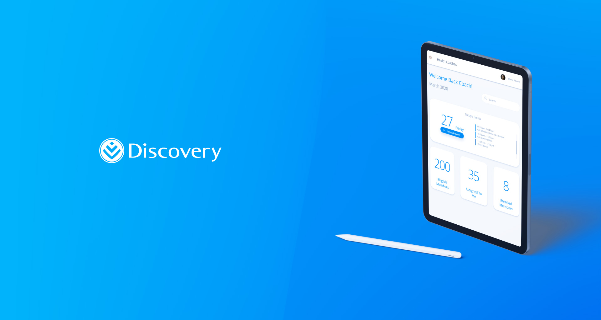 Discovery logo in white next to an ipad displaying the the Health Coaches app dashboard.