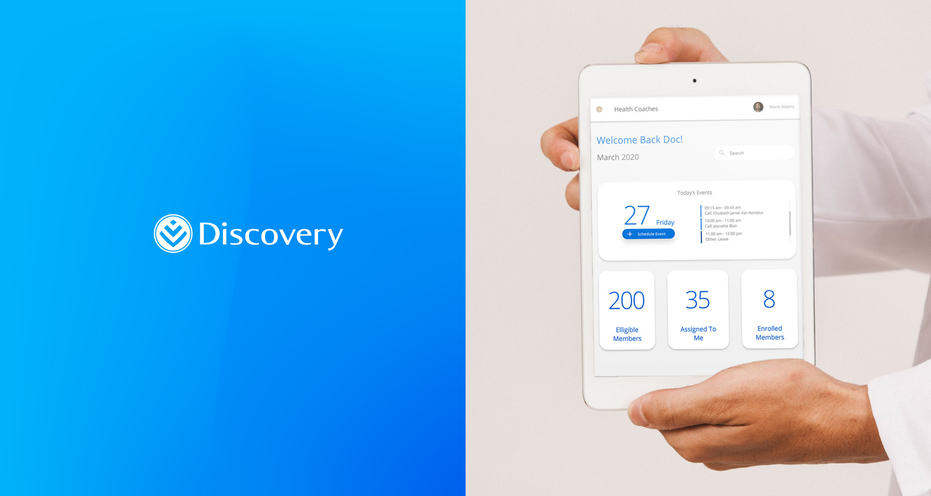 Discovery logo next to image of doctor holding a tablet with Health ID displayed.