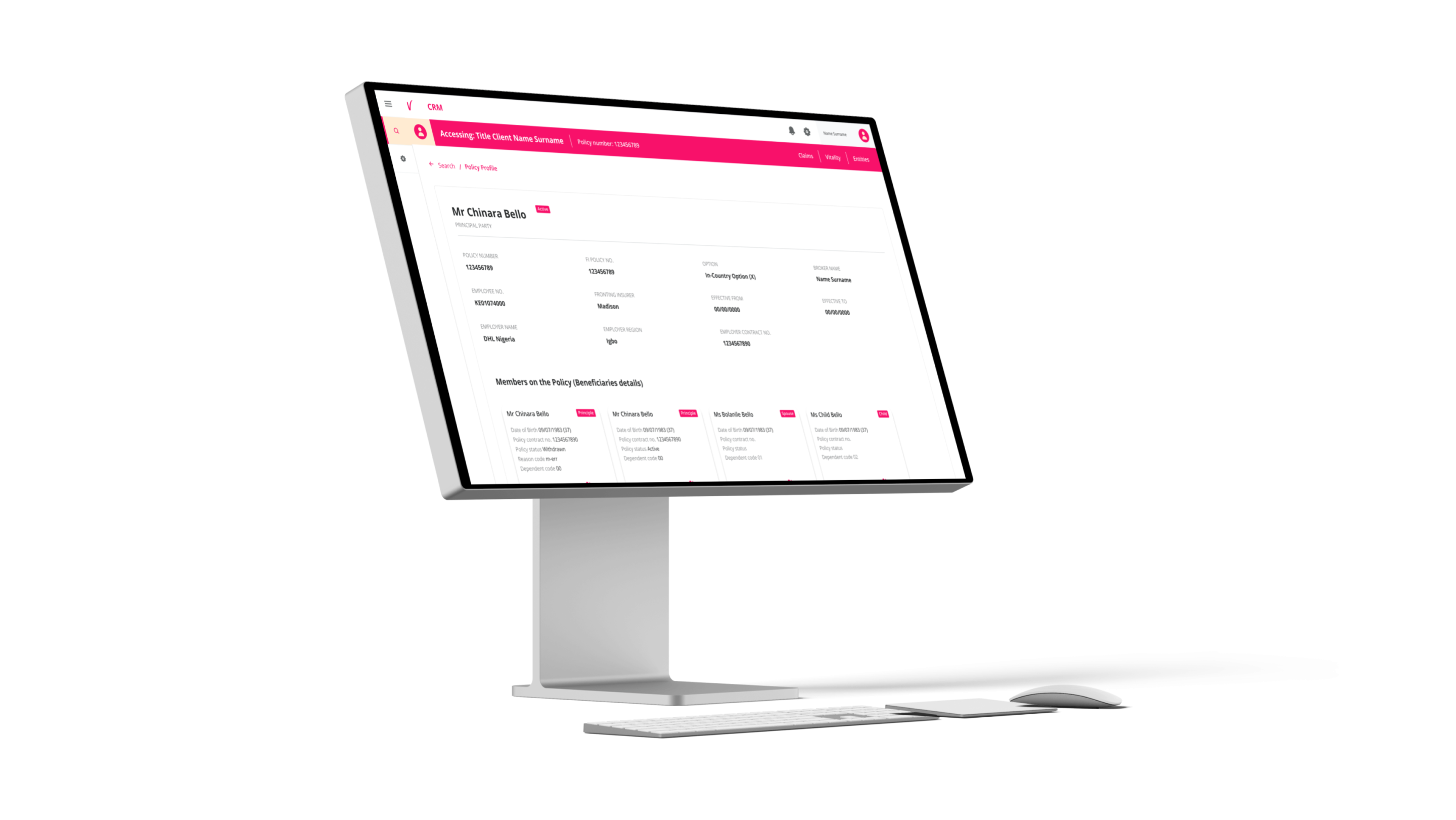 VHI CRM app UI on desktop machine.