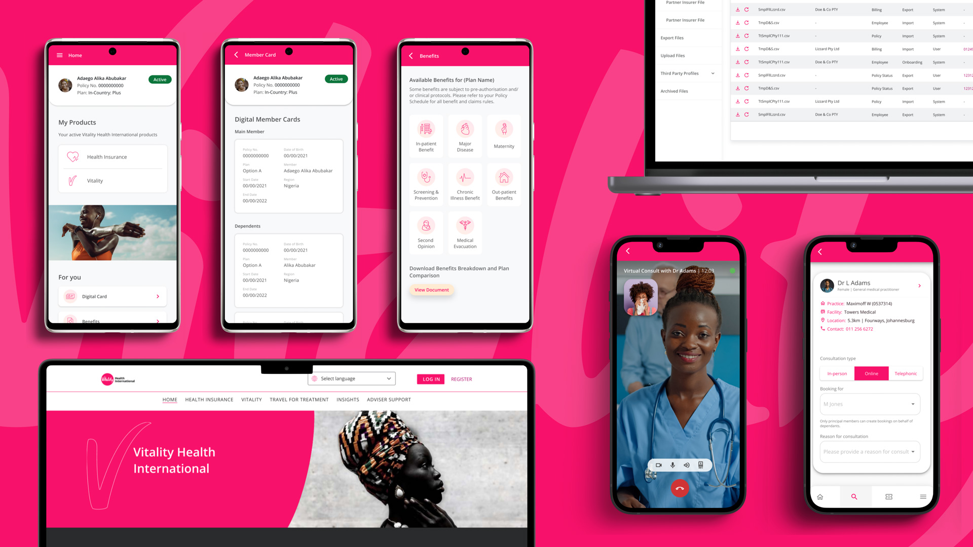 Case study cover image showing a selection of UIs from the Vitality Health International product suite.