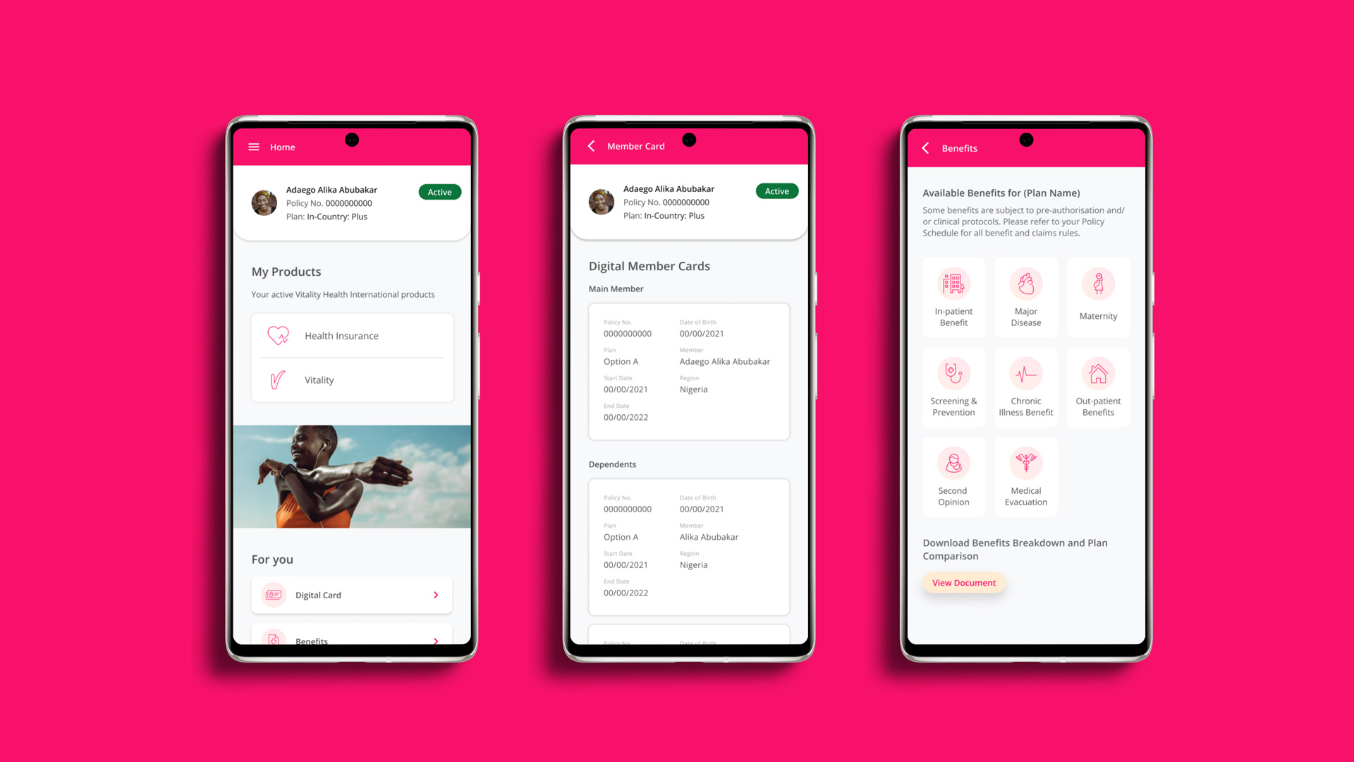 VHI member app UI on 3 Pixel phones.