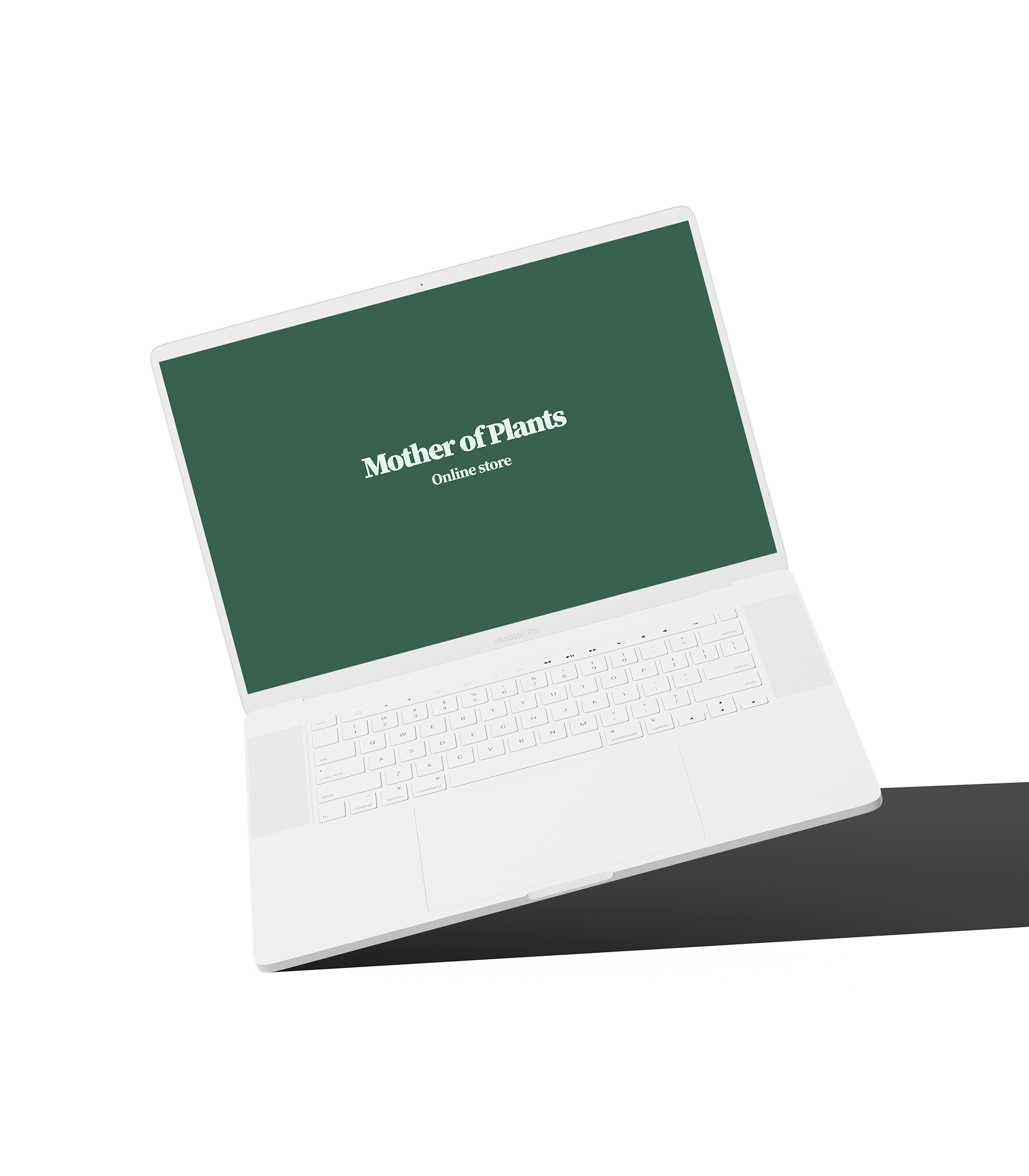 A clay macbook displaying Mother of Plants logo  on green background