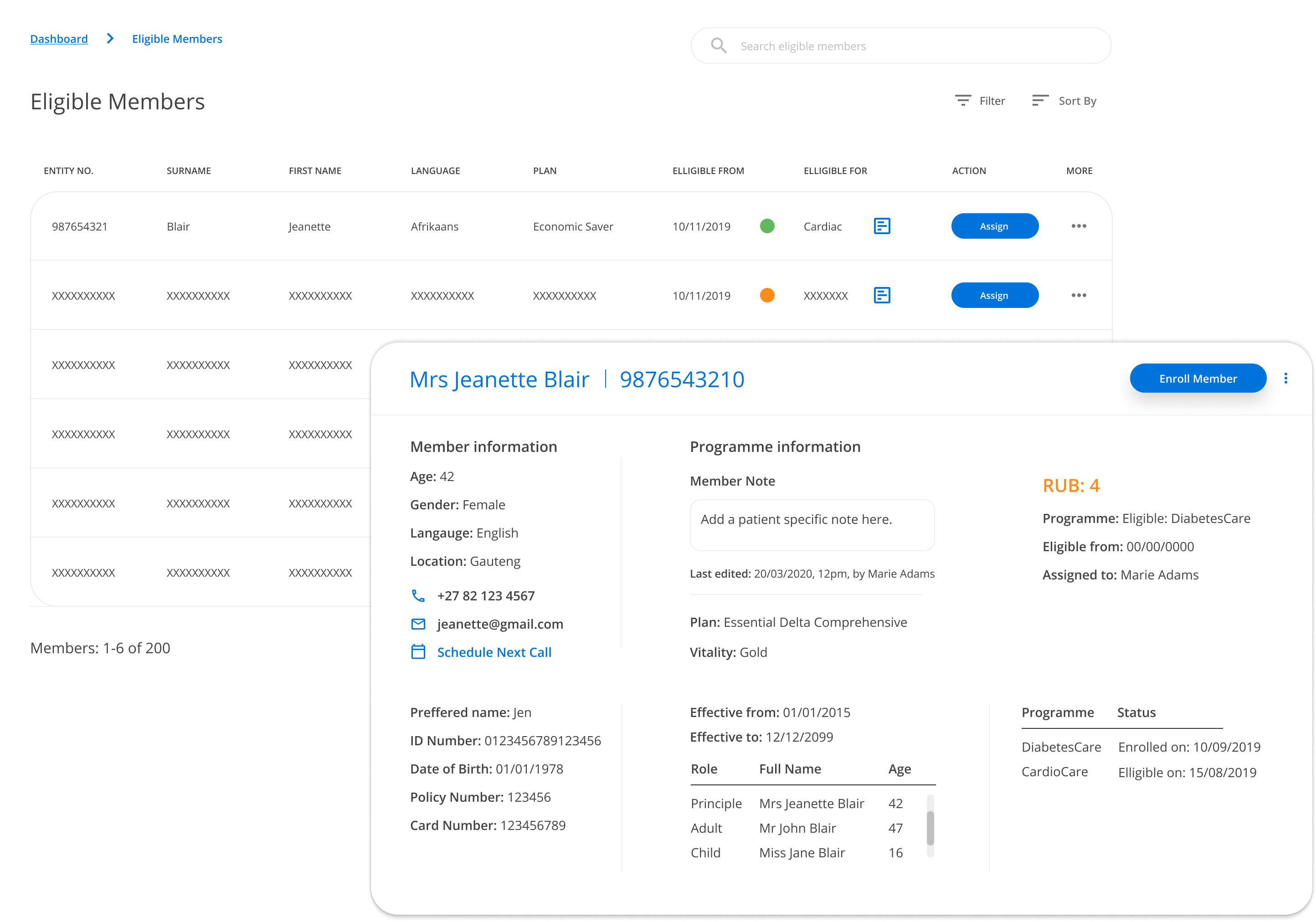Health Coaches UI of Patient Management showing patient list and patient overview.