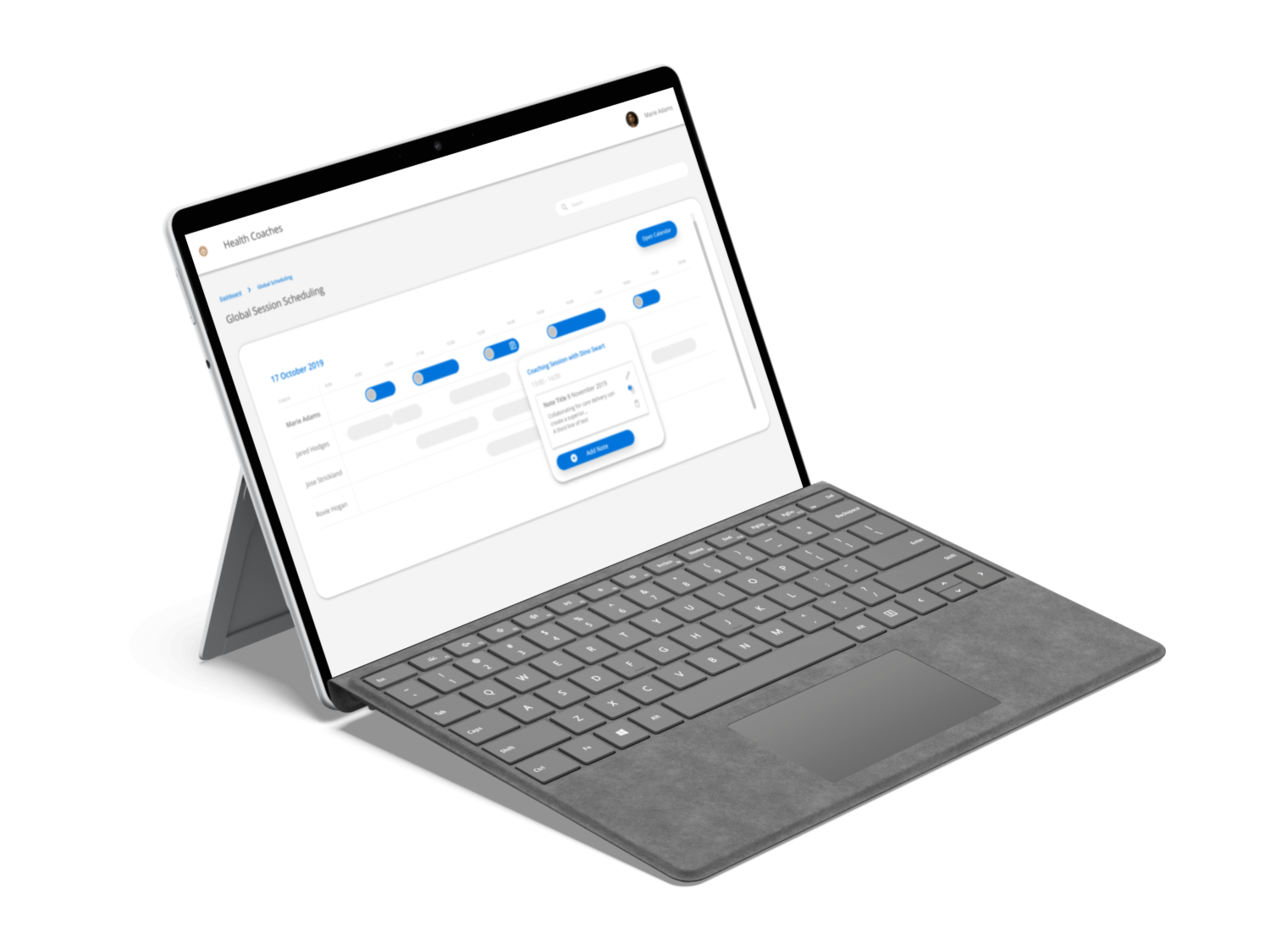 Tablet showing the scheduling UI for Health Coaches app.