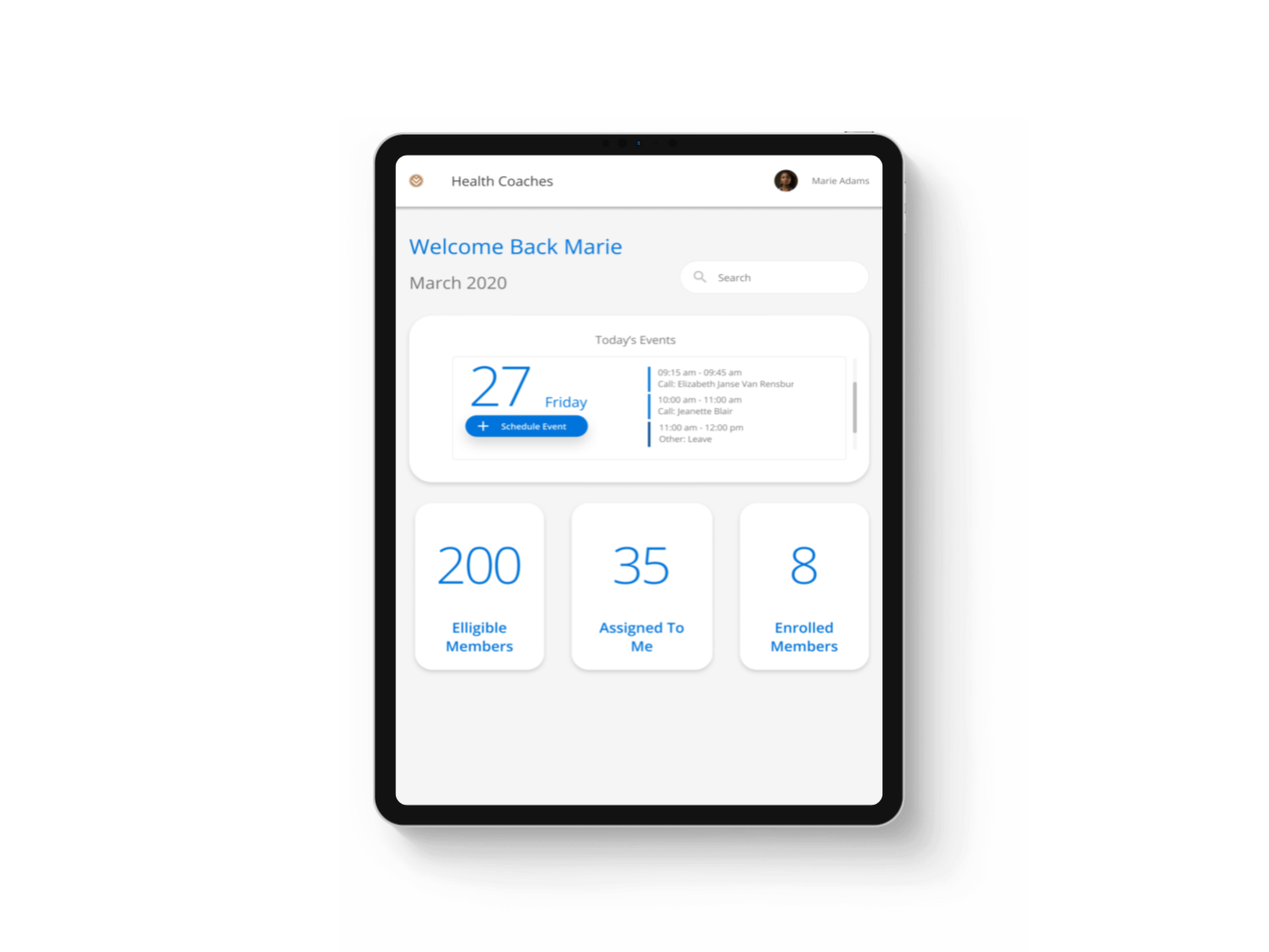 Tablet showing Health Coaches dashboard UI.